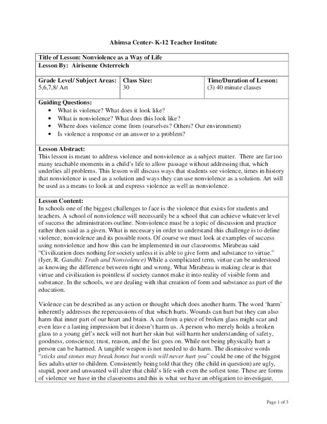 Nonviolence as a Way of Life Lesson Plan Nonviolence as a Way of Life Lesson Plan