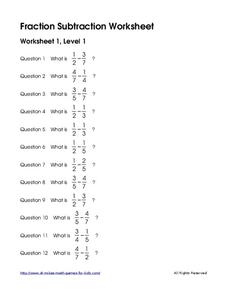 Fraction Subtraction Worksheet: Worksheet 1, Level 1 Worksheet Fraction Subtraction Worksheet: Worksheet 1, Level 1 Worksheet