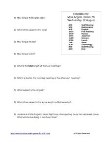 Timetable: subjects for the day Worksheet Timetable: subjects for the day Worksheet