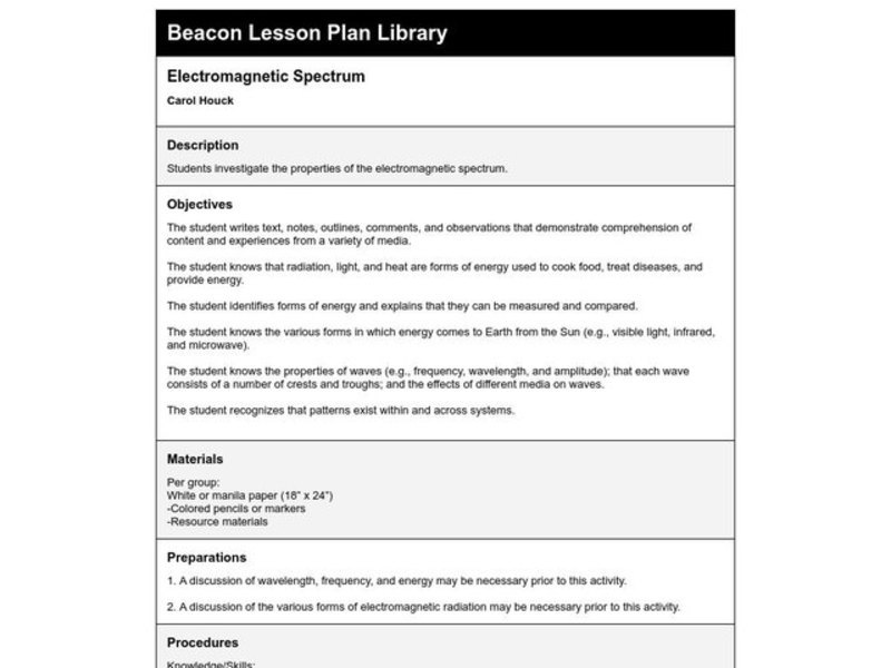 Electromagnetic Spectrum Lesson Plan Electromagnetic Spectrum Lesson Plan