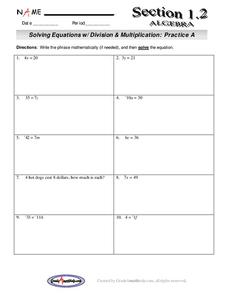 Solving Eqautions w/ Division & Multiplication:  Practice A Lesson Plan Solving Eqautions w/ Division & Multiplication:  Practice A Lesson Plan
