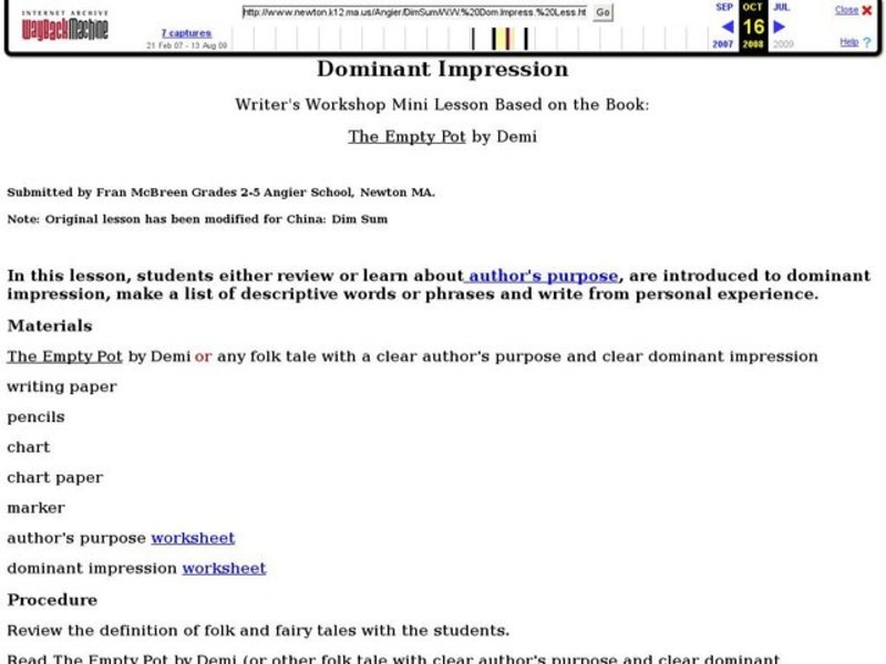 Dominant Impression: Writer's Workshop Mini Lesson Based on the book: The Empty Pot by Demi Lesson Plan Dominant Impression: Writer's Workshop Mini Lesson Based on the book: The Empty Pot by Demi Lesson Plan