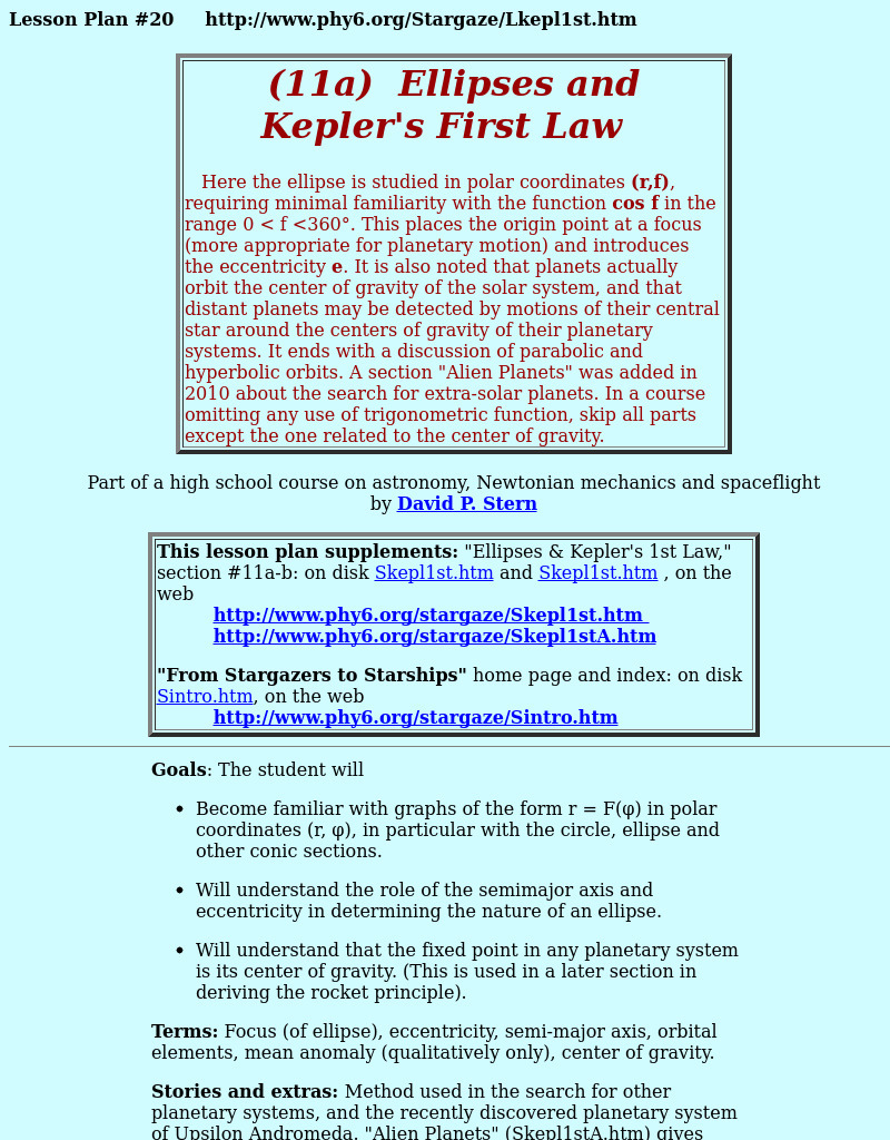 Ellipses And Kepler's First Law Lesson Plan Ellipses And Kepler's First Law Lesson Plan