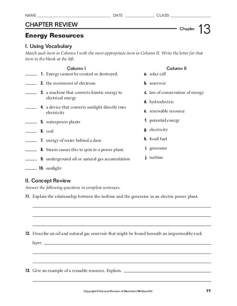 Energy Resources Worksheet Energy Resources Worksheet
