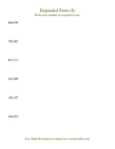 Expanded Form (I) Worksheet Expanded Form (I) Worksheet