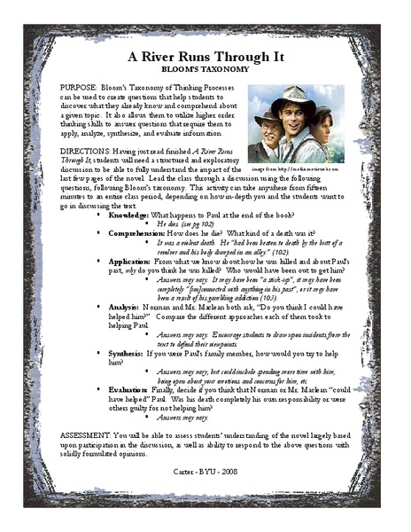 A River Runs Through It: Blooms Taxonomy Lesson Plan A River Runs Through It: Blooms Taxonomy Lesson Plan