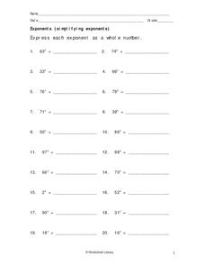 Exponents (Simplifying Exponents) Worksheet Exponents (Simplifying Exponents) Worksheet
