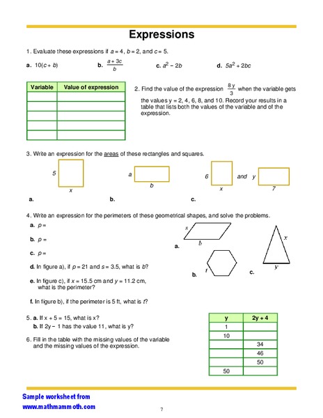 Expressions Worksheet Expressions Worksheet