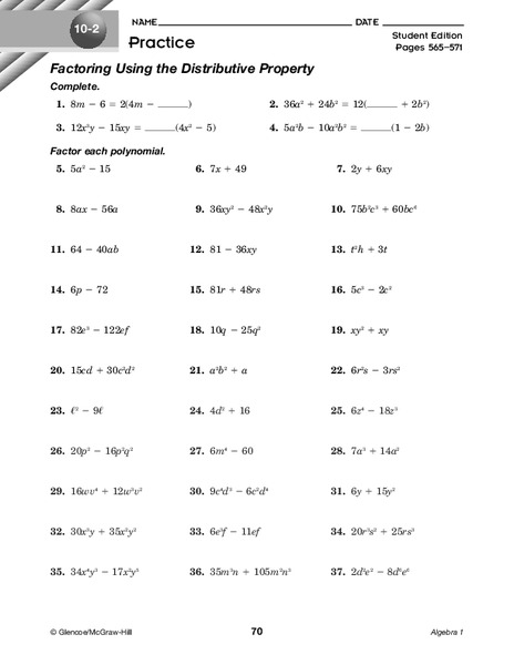 Factoring Using the Distributive Property Worksheet Factoring Using the Distributive Property Worksheet