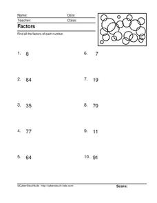 Factors Worksheet Factors Worksheet