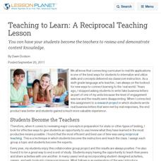 Teaching to Learn: A Reciprocal Teaching Lesson Lesson Planet Article Teaching to Learn: A Reciprocal Teaching Lesson Lesson Planet Article