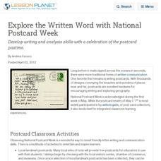 Explore the Written Word with National Postcard Week Lesson Planet Article Explore the Written Word with National Postcard Week Lesson Planet Article