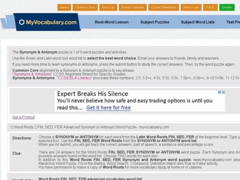 Word Roots 2: FIN, SED, FER Advanced Synonym and Antonym Word Puzzle Interactive Word Roots 2: FIN, SED, FER Advanced Synonym and Antonym Word Puzzle Interactive