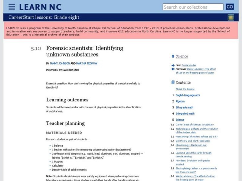 Forensic Scientists: Identifying Unknown Substances Lesson Plan Forensic Scientists: Identifying Unknown Substances Lesson Plan