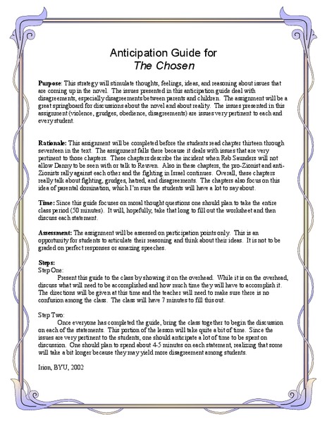 The Chosen: Anticipation Guide Lesson Plan The Chosen: Anticipation Guide Lesson Plan