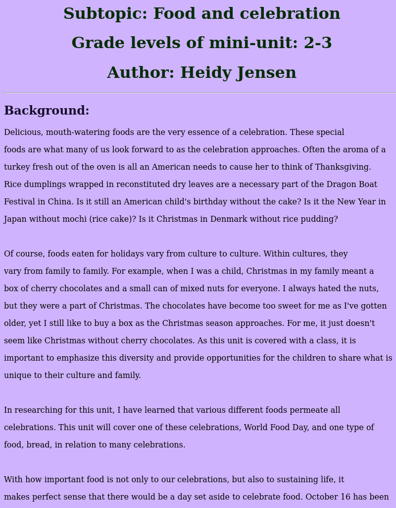 Food and celebration Lesson Plan Food and celebration Lesson Plan