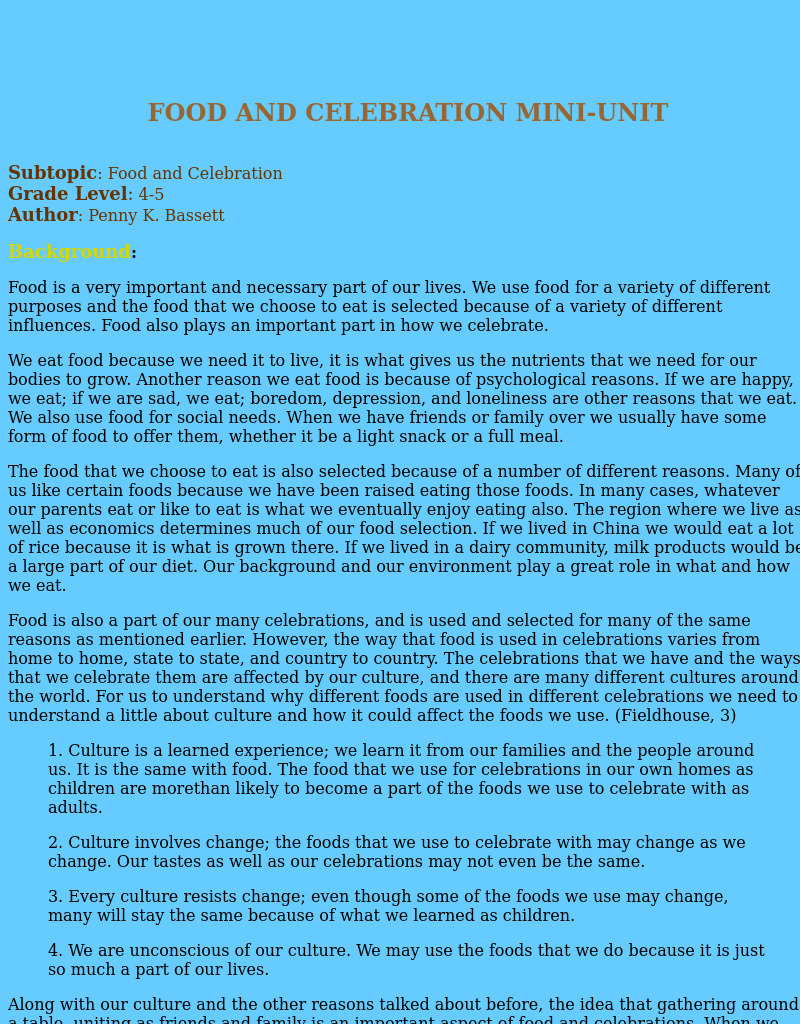 Food And Celebration Lesson Plan Food And Celebration Lesson Plan