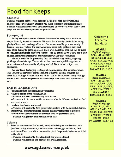 Food For Keeps Lesson Plan Food For Keeps Lesson Plan