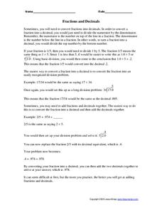 Fractions and Decimals Worksheet Fractions and Decimals Worksheet