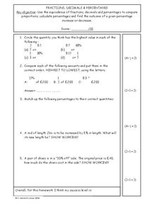 Fractions, Decimals and Percentages Worksheet Fractions, Decimals and Percentages Worksheet