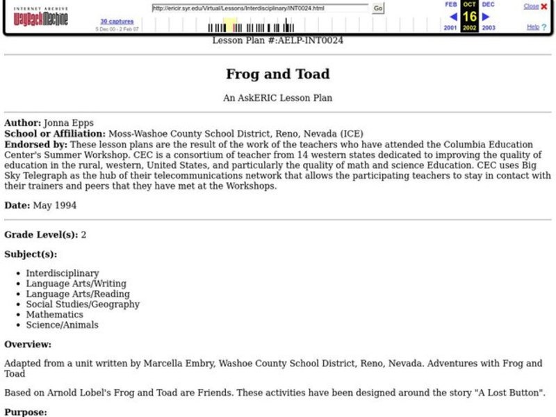 Frog and Toad Lesson Plan Frog and Toad Lesson Plan