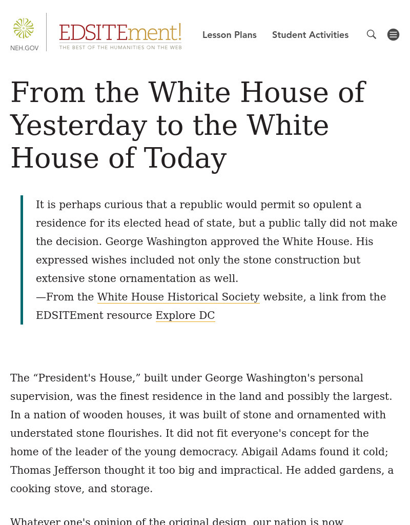 From the White House of Yesterday to the White House of Today Lesson Plan From the White House of Yesterday to the White House of Today Lesson Plan