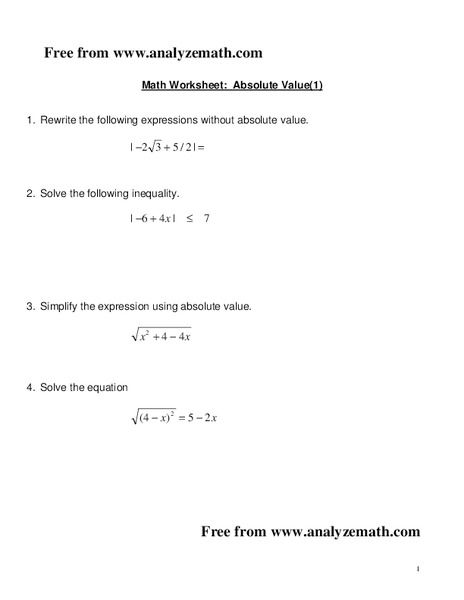 Absolute Value Worksheet Absolute Value Worksheet