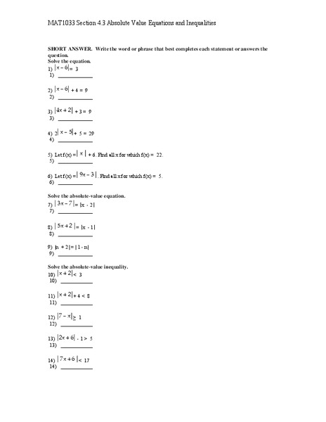Absolute Value Equations and Inequalities Lesson Plan Absolute Value Equations and Inequalities Lesson Plan