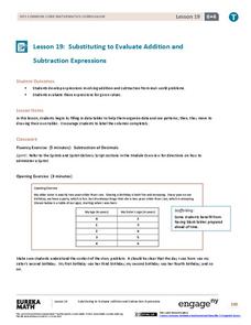 Substituting to Evaluate Addition and Subtraction Expressions Lesson Plan Substituting to Evaluate Addition and Subtraction Expressions Lesson Plan