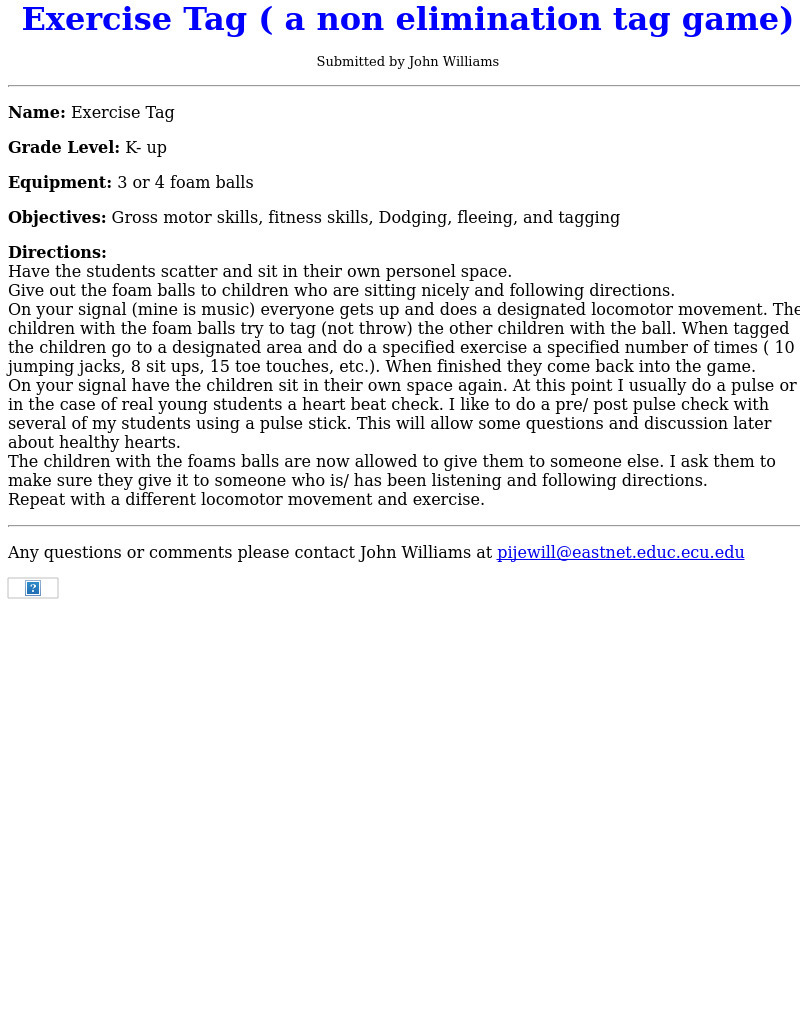 Exercise Tag ( a non elimination tag game) Lesson Plan Exercise Tag ( a non elimination tag game) Lesson Plan