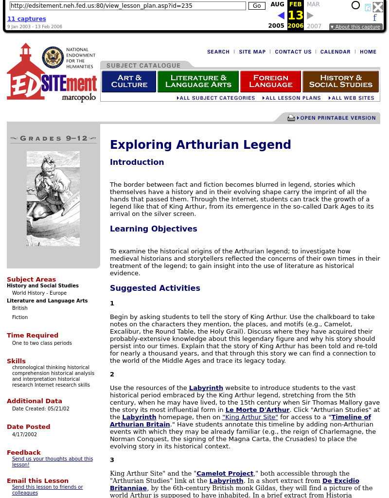 Exploring Arthurian Legend Lesson Plan Exploring Arthurian Legend Lesson Plan