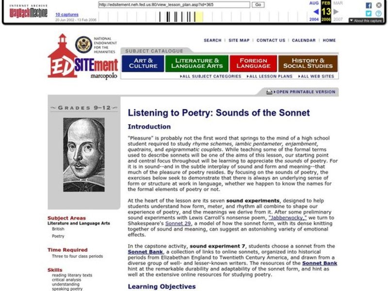 Listening to Poetry: Sounds of the Sonnet Lesson Plan Listening to Poetry: Sounds of the Sonnet Lesson Plan