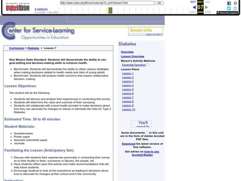 Diabetes Lesson Plan Diabetes Lesson Plan
