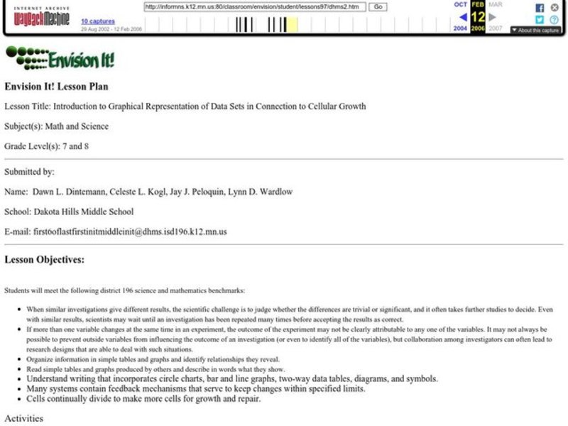 Introduction to Graphical Representation of Data Sets in Connection to Cellular Growth Lesson Plan Introduction to Graphical Representation of Data Sets in Connection to Cellular Growth Lesson Plan