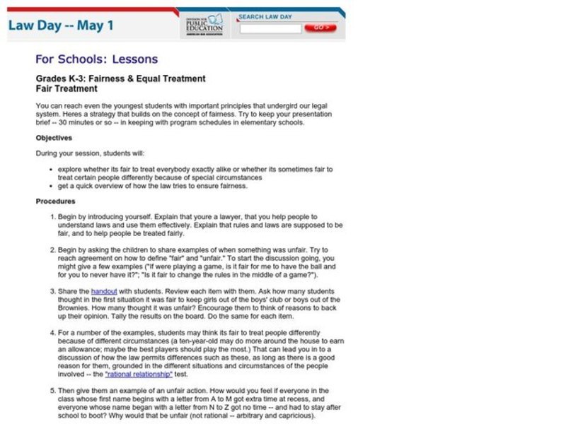 Fairness & Equal Treatment Lesson Plan Fairness & Equal Treatment Lesson Plan