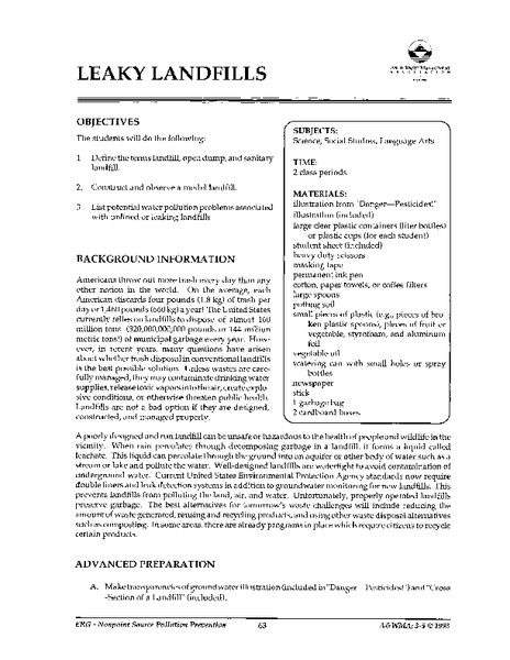 Leaky Landfills Lesson Plan Leaky Landfills Lesson Plan