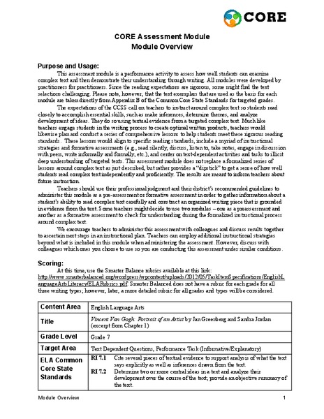 Vincent Van Gogh Assessment Vincent Van Gogh Assessment