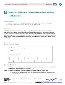 Writing and Evaluating Expressions—Addition and Subtraction Lesson Plan Writing and Evaluating Expressions—Addition and Subtraction Lesson Plan