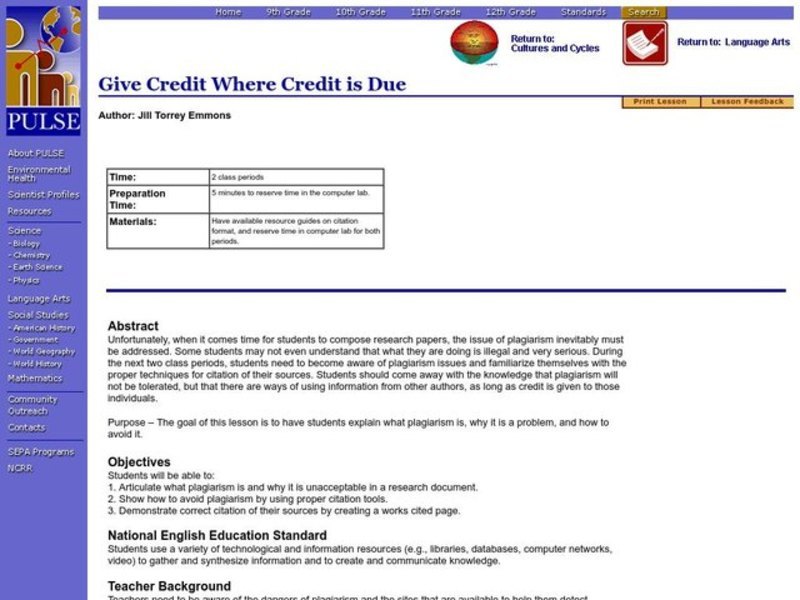 Give Credit Where Credit is Due Lesson Plan Give Credit Where Credit is Due Lesson Plan