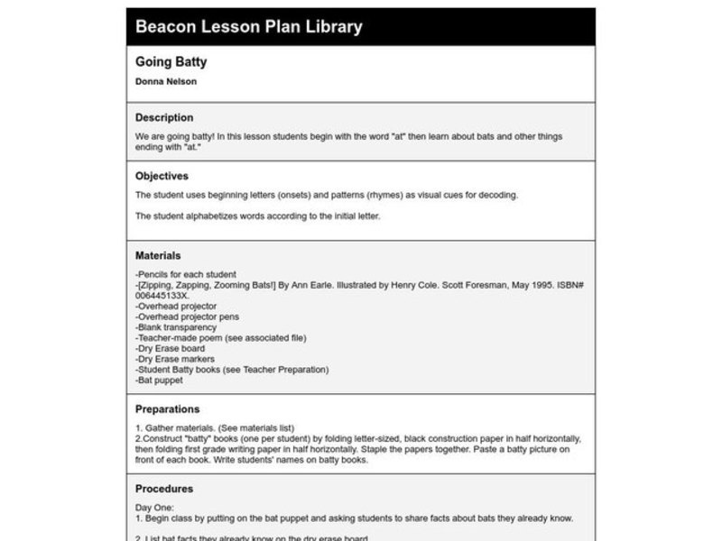 Going Batty Lesson Plan Going Batty Lesson Plan