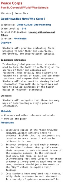 Good News/Bad News/Who Cares? Lesson Plan Good News/Bad News/Who Cares? Lesson Plan
