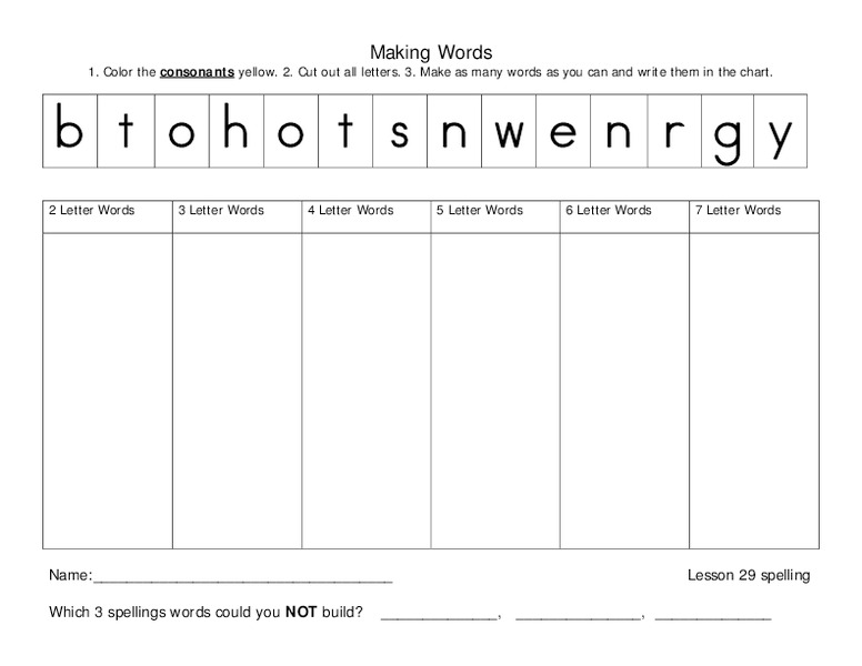 Making Words: 29 Worksheet Making Words: 29 Worksheet
