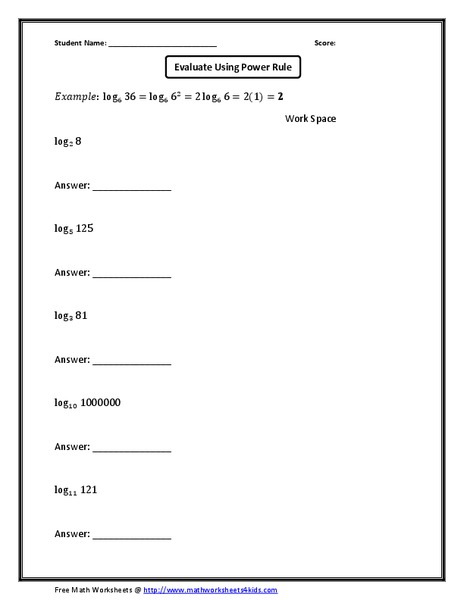 Evaluate Five Logarithms Using the Power Rule Worksheet Evaluate Five Logarithms Using the Power Rule Worksheet
