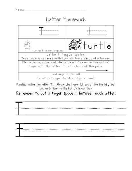 Letter Homework - T Worksheet Letter Homework - T Worksheet