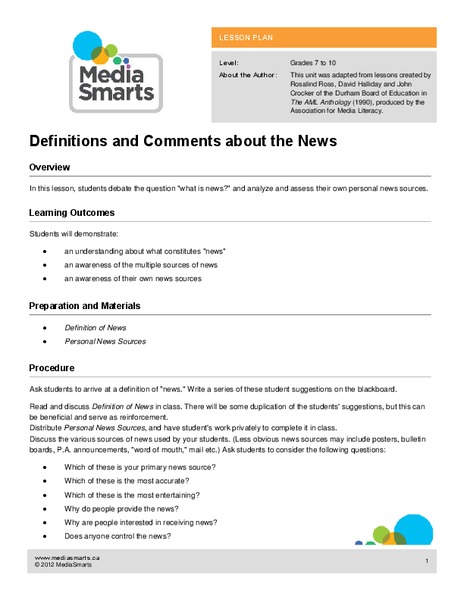 Definitions and Comments about the News Lesson Plan Definitions and Comments about the News Lesson Plan
