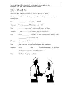 Do and Does - Employment ELL Worksheet Do and Does - Employment ELL Worksheet