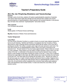 How Dry am I? Exploring Biomimicry and Nanotechnology Lesson Plan How Dry am I? Exploring Biomimicry and Nanotechnology Lesson Plan
