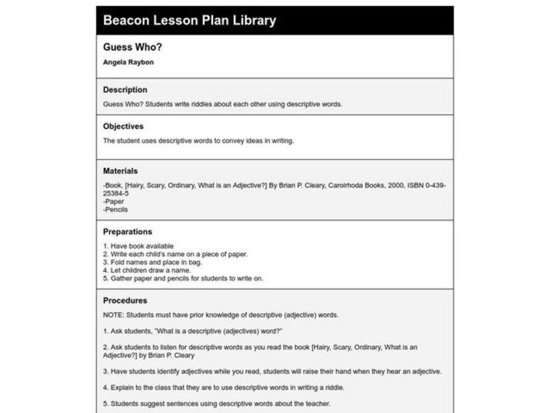Guess Who? Lesson Plan Guess Who? Lesson Plan