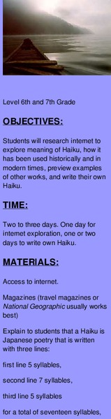 Haiku Lesson Plan Haiku Lesson Plan