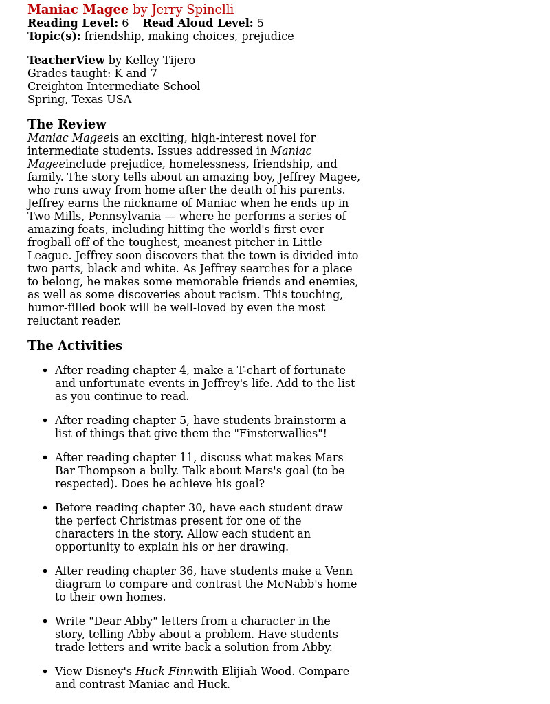Maniac Magee Lesson Plan Maniac Magee Lesson Plan